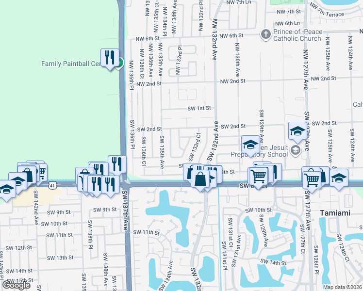 map of restaurants, bars, coffee shops, grocery stores, and more near 331 Southwest 134th Avenue in Miami