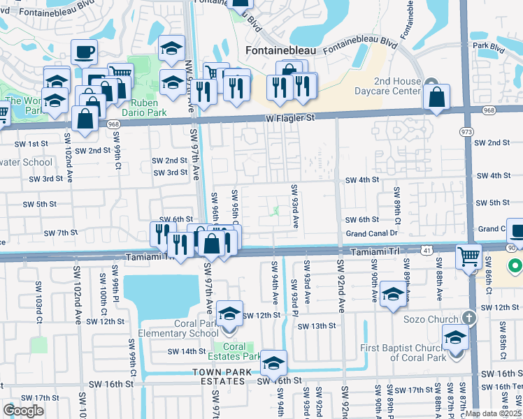 map of restaurants, bars, coffee shops, grocery stores, and more near 9426 Southwest 5th Lane in Miami