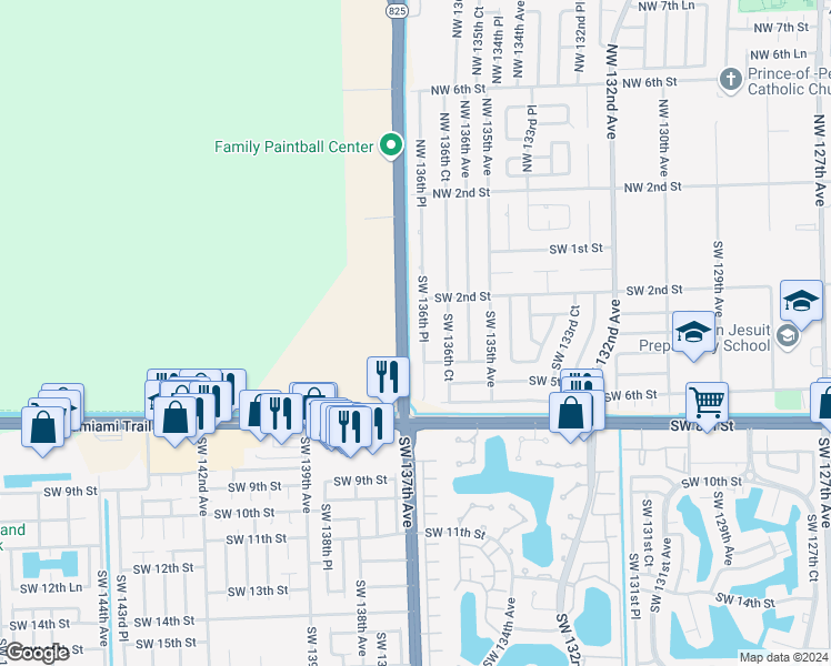 map of restaurants, bars, coffee shops, grocery stores, and more near 330 Southwest 136th Place in Miami