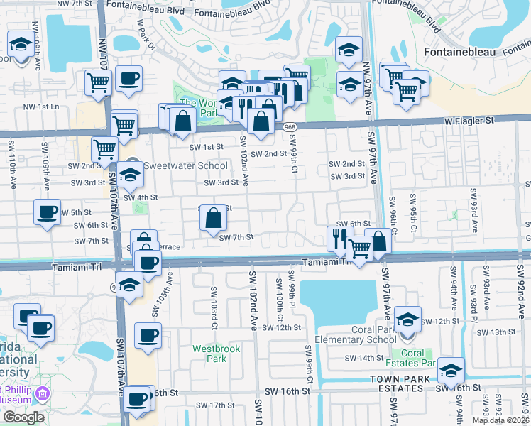 map of restaurants, bars, coffee shops, grocery stores, and more near 503 Southwest 101st Place in Miami