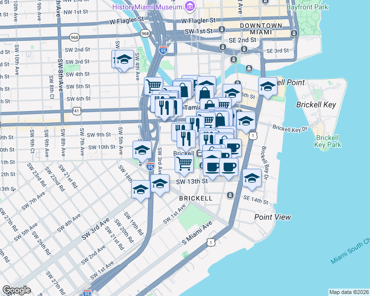 map of restaurants, bars, coffee shops, grocery stores, and more near 125 Southwest 11th Street in Miami