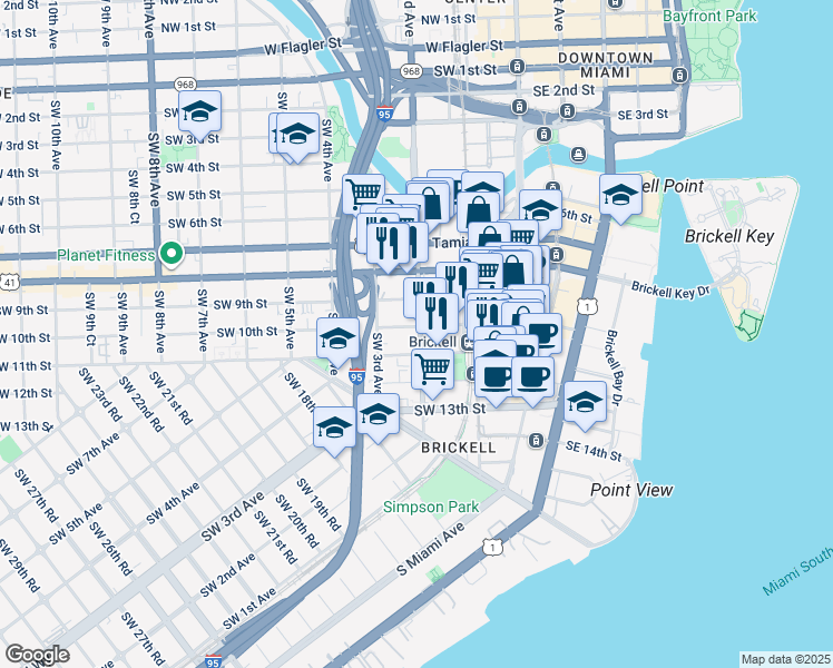 map of restaurants, bars, coffee shops, grocery stores, and more near 125 Southwest 11th Street in Miami