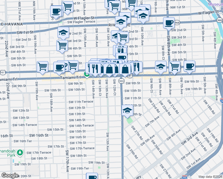 map of restaurants, bars, coffee shops, grocery stores, and more near 1016 Southwest 12th Court in Miami