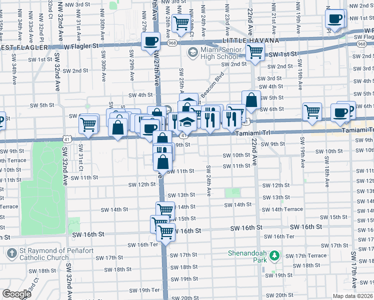 map of restaurants, bars, coffee shops, grocery stores, and more near 921 Southwest 25th Avenue in Miami