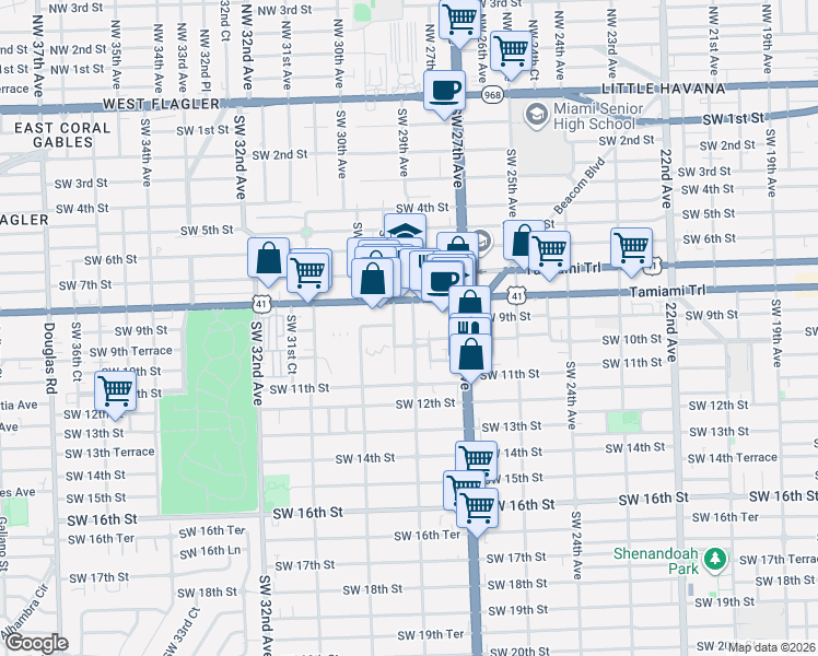 map of restaurants, bars, coffee shops, grocery stores, and more near 928 Southwest 29th Avenue in Miami