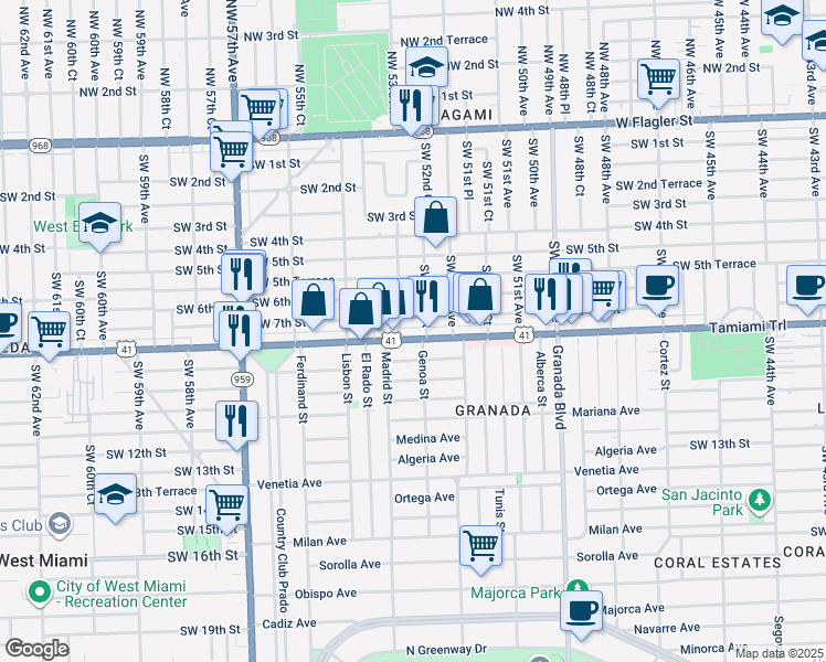 map of restaurants, bars, coffee shops, grocery stores, and more near 5271 Southwest 8th Street in Coral Gables