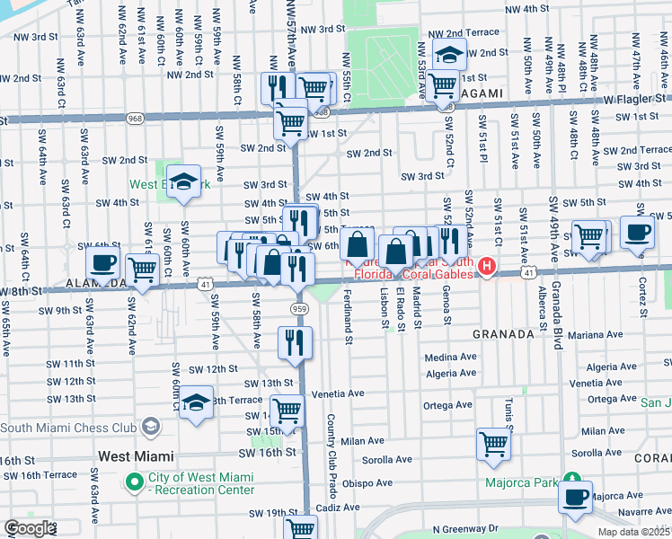 map of restaurants, bars, coffee shops, grocery stores, and more near 5599 Southwest 8th Street in Miami