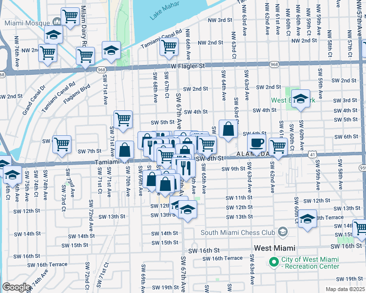 map of restaurants, bars, coffee shops, grocery stores, and more near 624 Ludlam Road in Miami