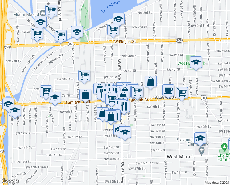 map of restaurants, bars, coffee shops, grocery stores, and more near 624 Ludlam Road in Miami