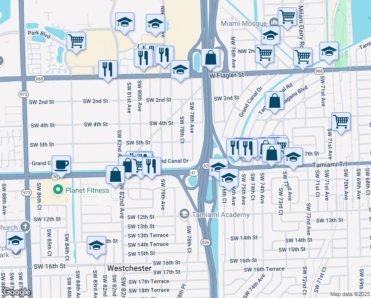 map of restaurants, bars, coffee shops, grocery stores, and more near 600 Southwest 78th Avenue in Miami