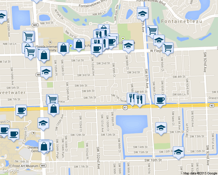 map of restaurants, bars, coffee shops, grocery stores, and more near 9950 Southwest 5th Street Circle in Miami