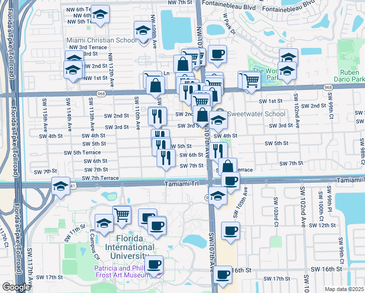 map of restaurants, bars, coffee shops, grocery stores, and more near 10856 Southwest 5th Street in Miami