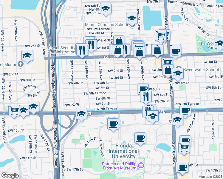 map of restaurants, bars, coffee shops, grocery stores, and more near 11239 Southwest 5th Terrace in Miami