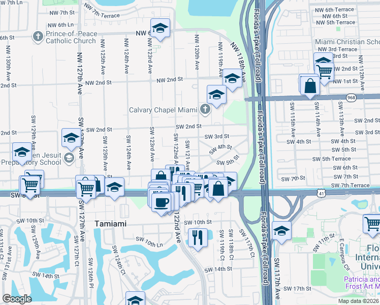 map of restaurants, bars, coffee shops, grocery stores, and more near 460 Southwest 120th Avenue in Miami