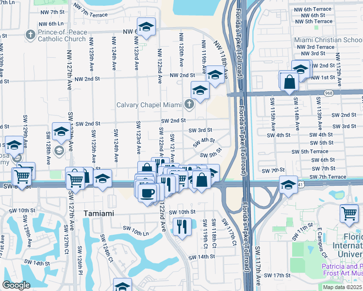 map of restaurants, bars, coffee shops, grocery stores, and more near 460 Southwest 120th Avenue in Miami