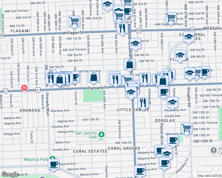 map of restaurants, bars, coffee shops, grocery stores, and more near in Little Gables