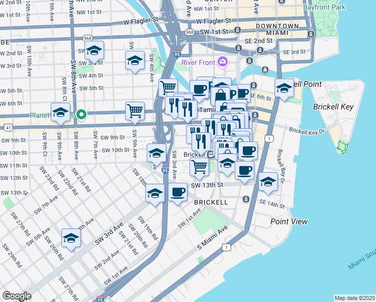 map of restaurants, bars, coffee shops, grocery stores, and more near 125 Southwest 11th Street in Miami
