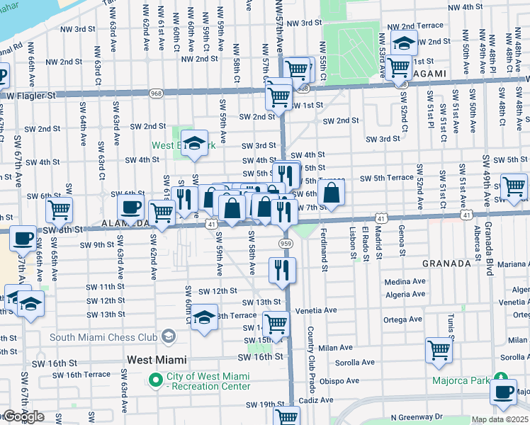 map of restaurants, bars, coffee shops, grocery stores, and more near 5742 Southwest 7th Street in Miami