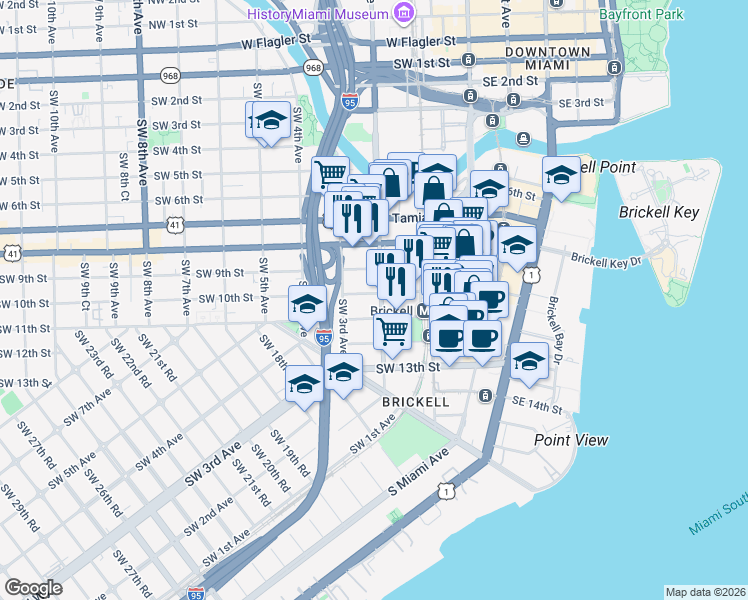 map of restaurants, bars, coffee shops, grocery stores, and more near 125 Southwest 11th Street in Miami