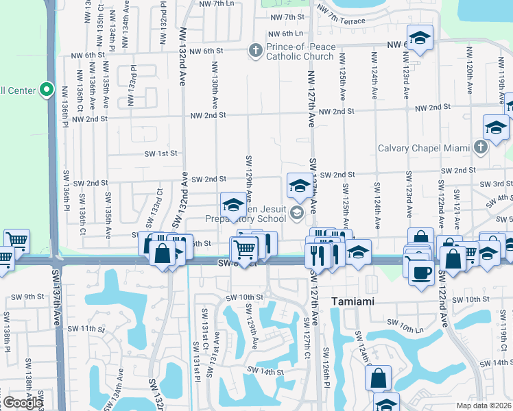 map of restaurants, bars, coffee shops, grocery stores, and more near 295 Southwest 129th Avenue in Miami