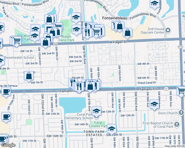 map of restaurants, bars, coffee shops, grocery stores, and more near 517 Southwest 96th Court in Miami