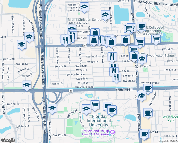 map of restaurants, bars, coffee shops, grocery stores, and more near 11239 Southwest 5th Terrace in Miami