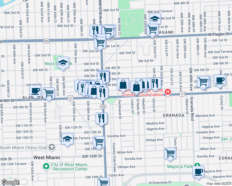 map of restaurants, bars, coffee shops, grocery stores, and more near 5599 Southwest 8th Street in Miami