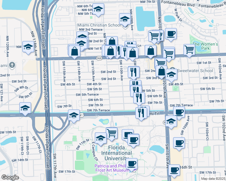 map of restaurants, bars, coffee shops, grocery stores, and more near 11107 Southwest 5th Street in Miami