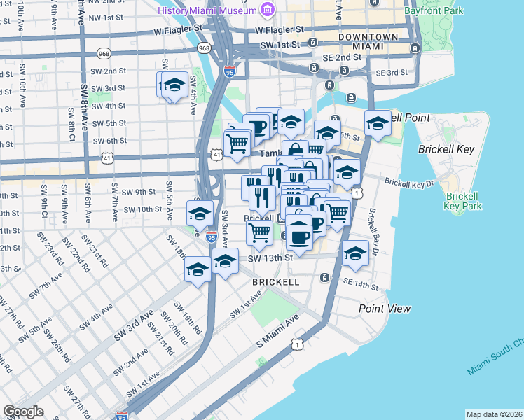 map of restaurants, bars, coffee shops, grocery stores, and more near 150 Southwest 10th Street in Miami