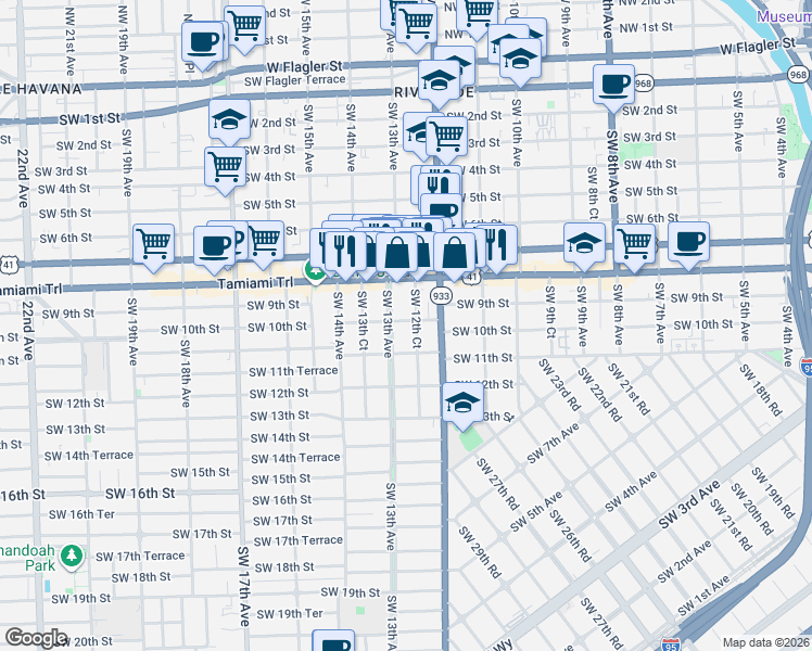 map of restaurants, bars, coffee shops, grocery stores, and more near 1016 Southwest 12th Court in Miami