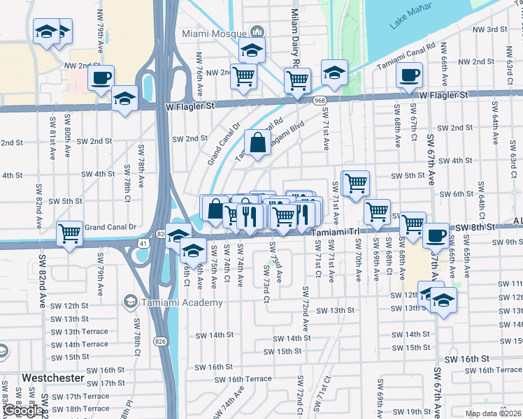 map of restaurants, bars, coffee shops, grocery stores, and more near 625 Southwest 73rd Court in Miami