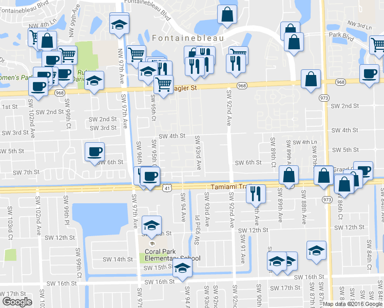 map of restaurants, bars, coffee shops, grocery stores, and more near 9320 Southwest 5th Lane in Miami