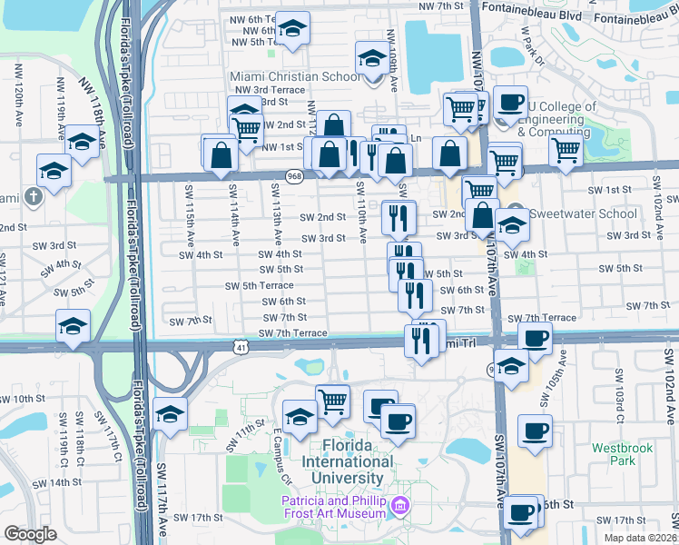 map of restaurants, bars, coffee shops, grocery stores, and more near 11107 Southwest 5th Street in Miami