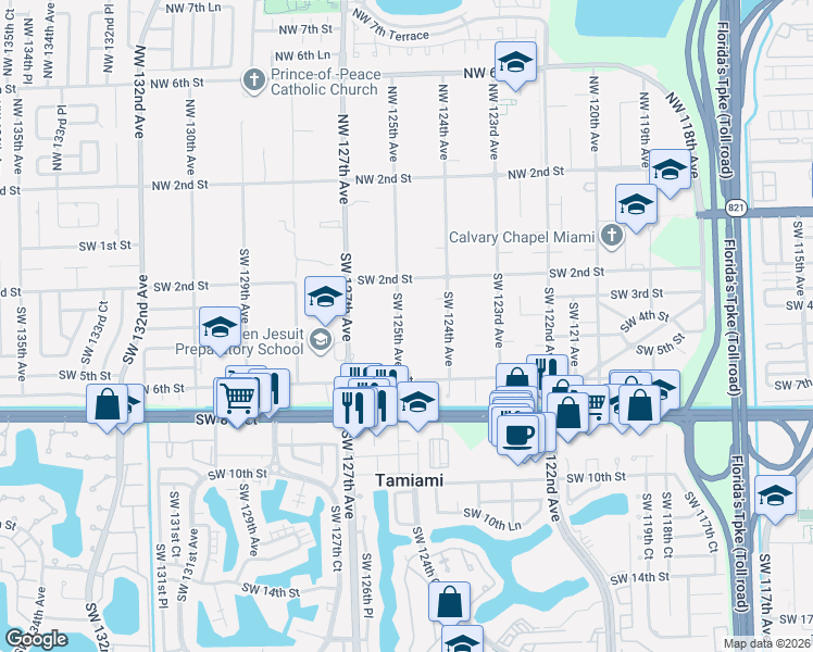map of restaurants, bars, coffee shops, grocery stores, and more near 381 Southwest 125th Avenue in Miami