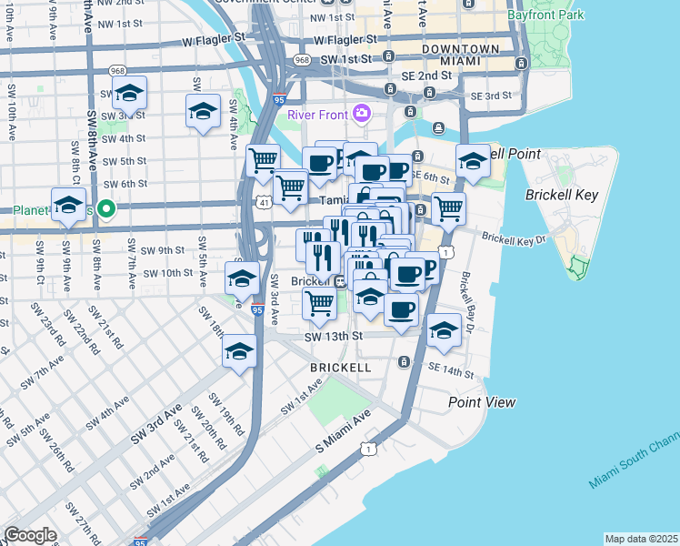 map of restaurants, bars, coffee shops, grocery stores, and more near in Miami