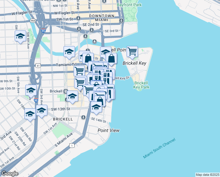 map of restaurants, bars, coffee shops, grocery stores, and more near 905 Brickell Bay Drive in Miami