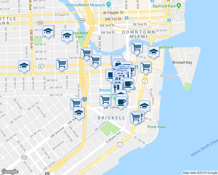 map of restaurants, bars, coffee shops, grocery stores, and more near in Miami