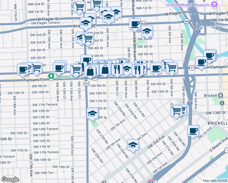 map of restaurants, bars, coffee shops, grocery stores, and more near 989 Southwest 10th Street in Miami