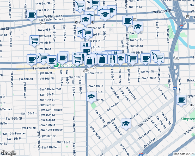 map of restaurants, bars, coffee shops, grocery stores, and more near 1053 Southwest 10th Street in Miami