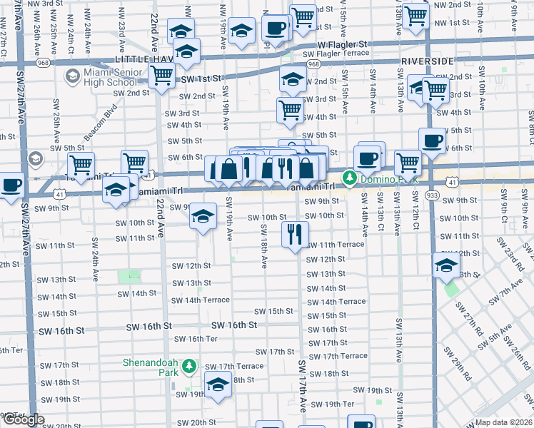 map of restaurants, bars, coffee shops, grocery stores, and more near 927 Southwest 18th Avenue in Miami