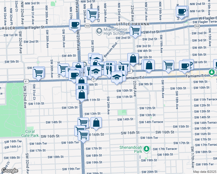 map of restaurants, bars, coffee shops, grocery stores, and more near 2401 Southwest 10th Street in Miami