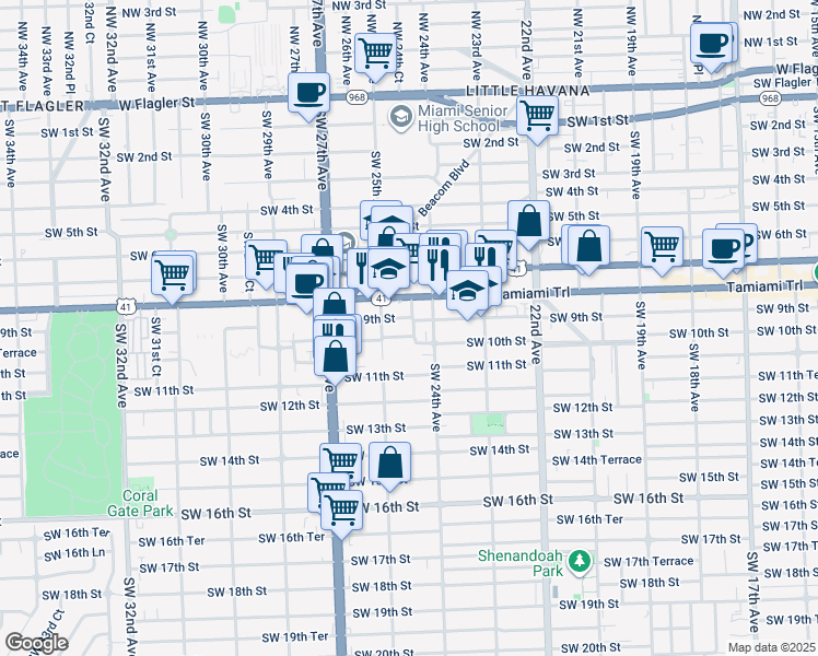 map of restaurants, bars, coffee shops, grocery stores, and more near 2401 Southwest 10th Street in Miami