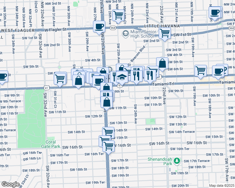 map of restaurants, bars, coffee shops, grocery stores, and more near 921 Southwest 25th Avenue in Miami