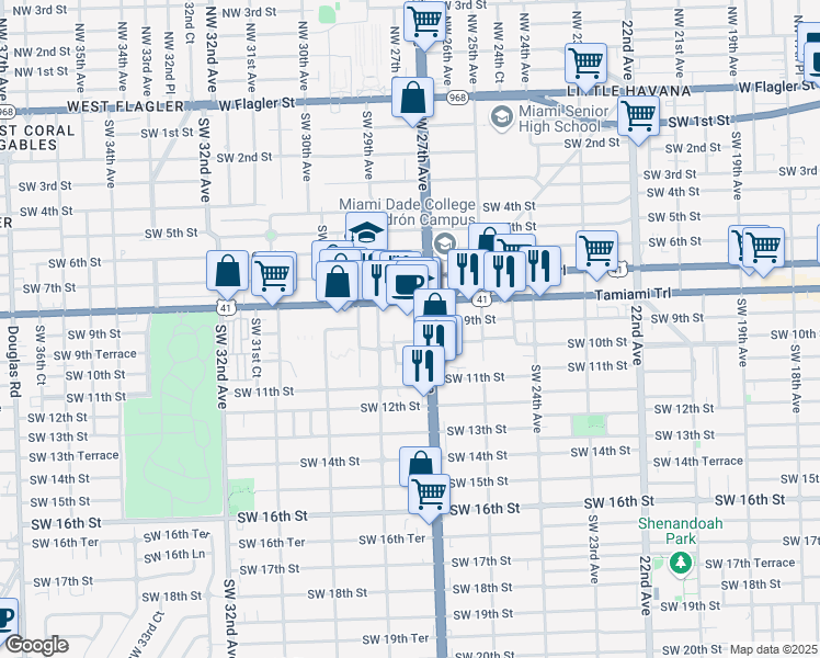 map of restaurants, bars, coffee shops, grocery stores, and more near 2701 Southwest 10th Street in Miami