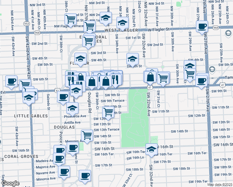 map of restaurants, bars, coffee shops, grocery stores, and more near 3430 Southwest 9th Street in Miami