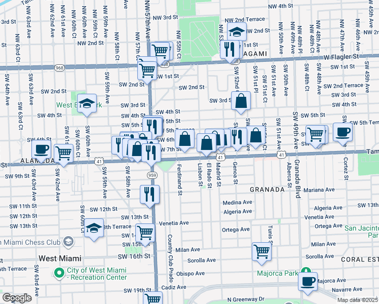 map of restaurants, bars, coffee shops, grocery stores, and more near 5535 Southwest 8th Street in Coral Gables