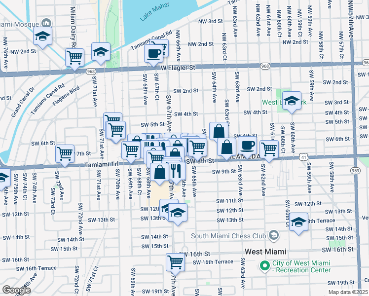 map of restaurants, bars, coffee shops, grocery stores, and more near 661 Southwest 66th Avenue in Miami