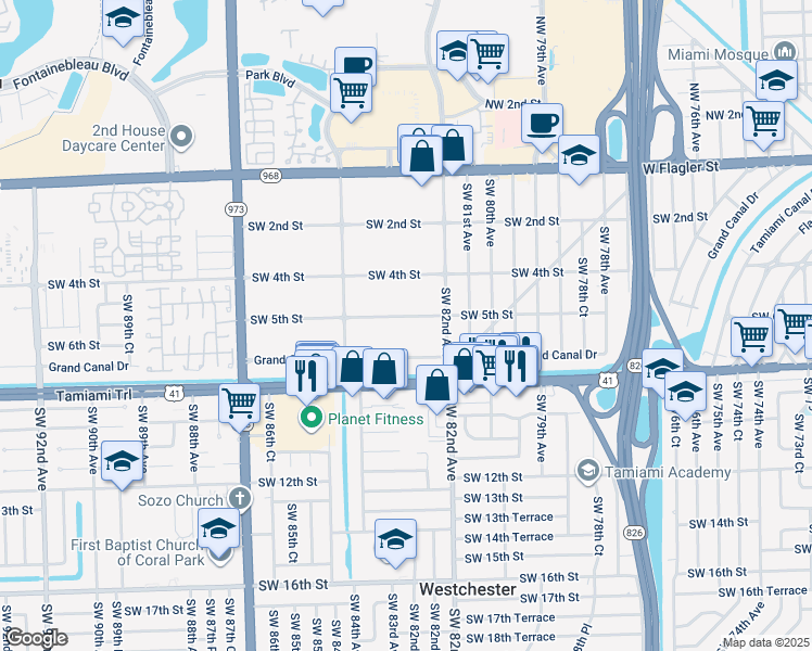 map of restaurants, bars, coffee shops, grocery stores, and more near 8280 Southwest 5th Street in Miami