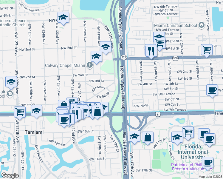 map of restaurants, bars, coffee shops, grocery stores, and more near 11870 Walsh Boulevard in Miami