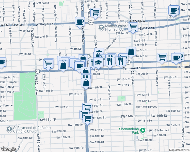 map of restaurants, bars, coffee shops, grocery stores, and more near 921 Southwest 25th Avenue in Miami